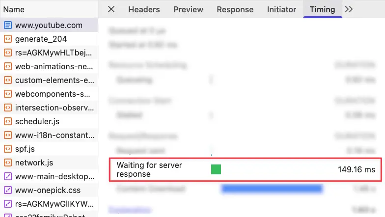 A picture showing the timing metrics of youtube.com